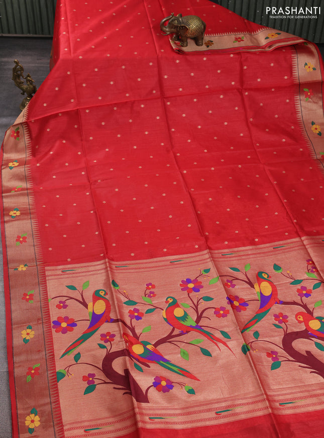 Semi paithani saree red with allover zari woven buttas and parrot design paithani pallu