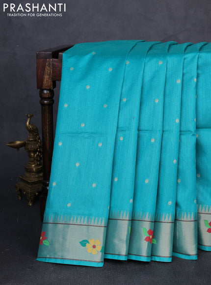 Semi paithani saree teal green with allover zari woven buttas and parrot design paithani pallu