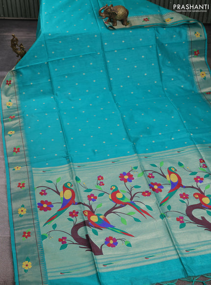 Semi paithani saree teal green with allover zari woven buttas and parrot design paithani pallu