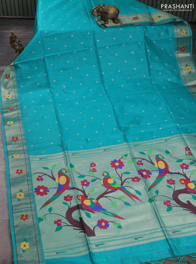 Semi paithani saree teal green with allover zari woven buttas and parrot design paithani pallu