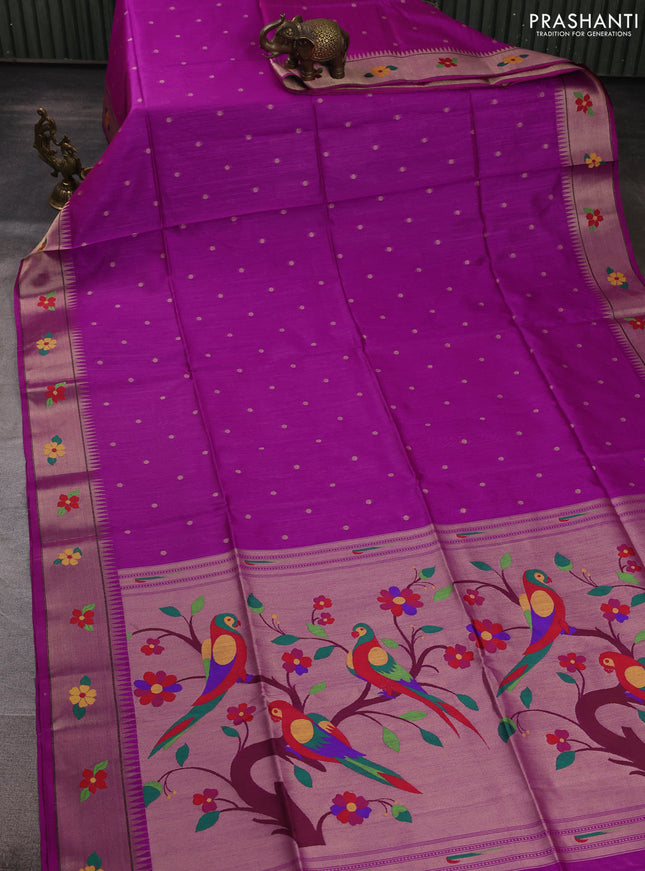 Semi paithani saree purple with allover zari woven buttas and parrot design paithani pallu