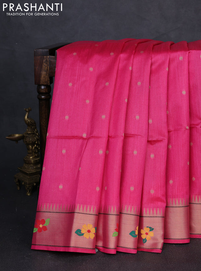 Semi paithani saree pink with allover zari woven buttas and parrot design paithani pallu