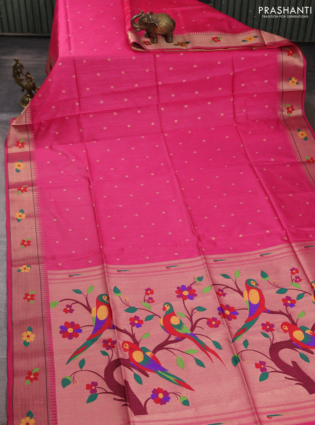 Semi paithani saree pink with allover zari woven buttas and parrot design paithani pallu