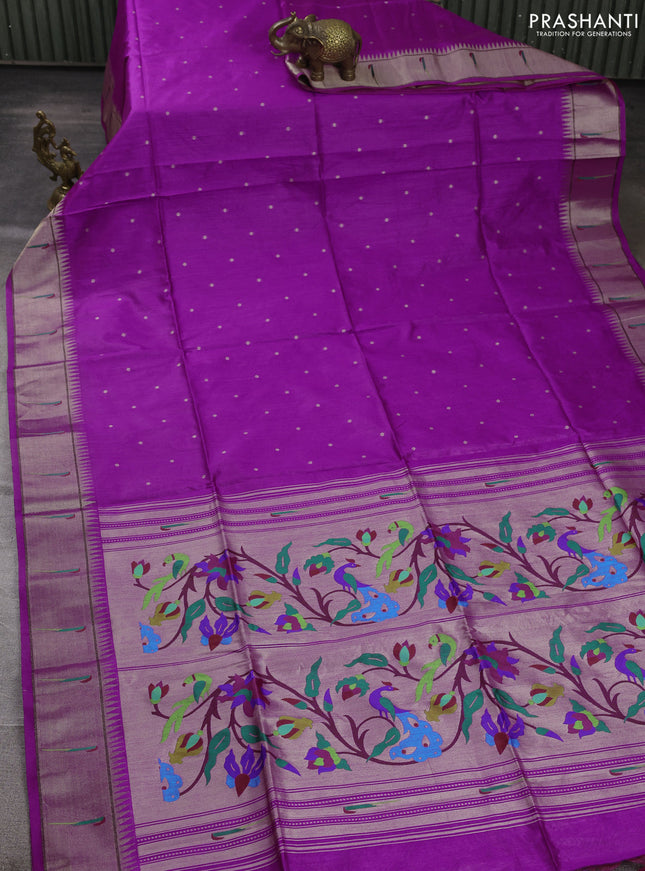 Semi paithani saree magenta pink with allover zari woven buttas and paithani pallu
