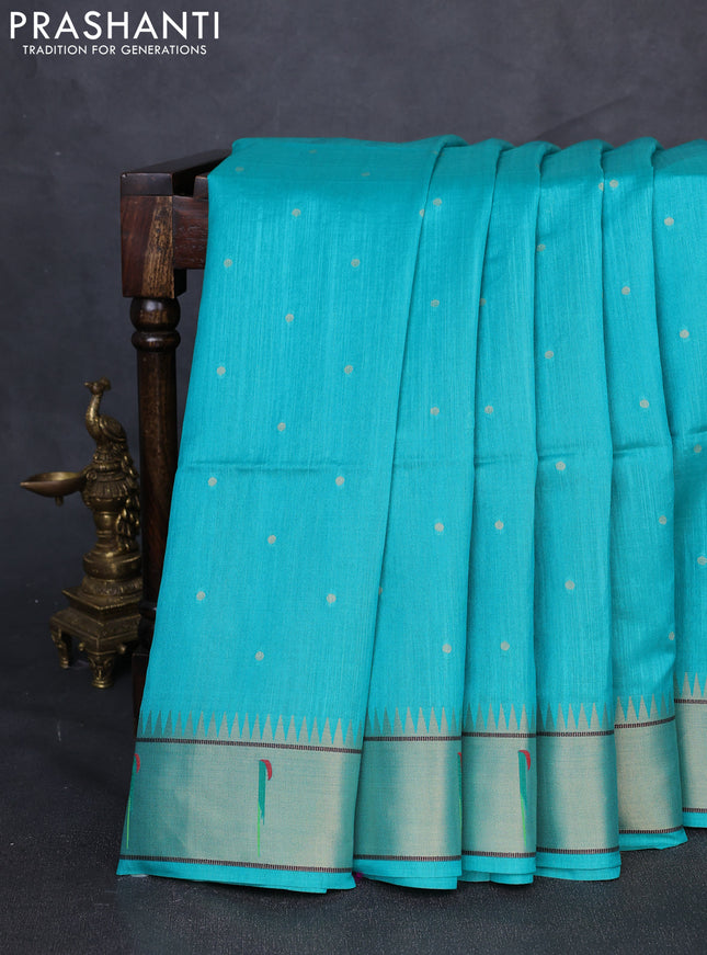 Semi paithani saree teal green with allover zari woven buttas and paithani pallu