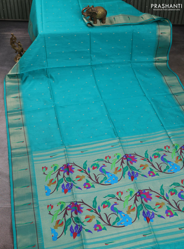 Semi paithani saree teal green with allover zari woven buttas and paithani pallu