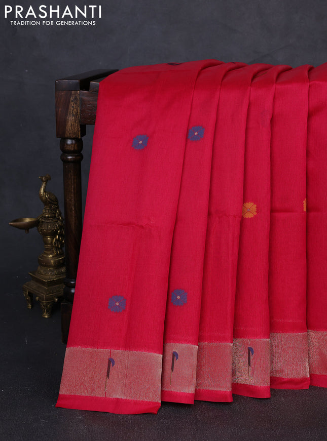 Semi paithani saree red with floral thread woven buttas and parrot design paithani pallu