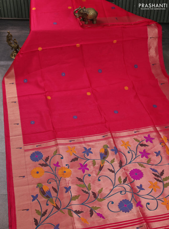 Semi paithani saree red with floral thread woven buttas and parrot design paithani pallu
