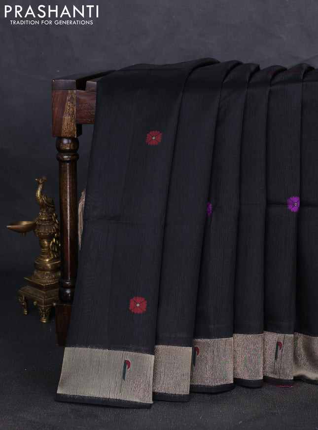 Semi paithani saree black with floral thread woven buttas and parrot design paithani pallu