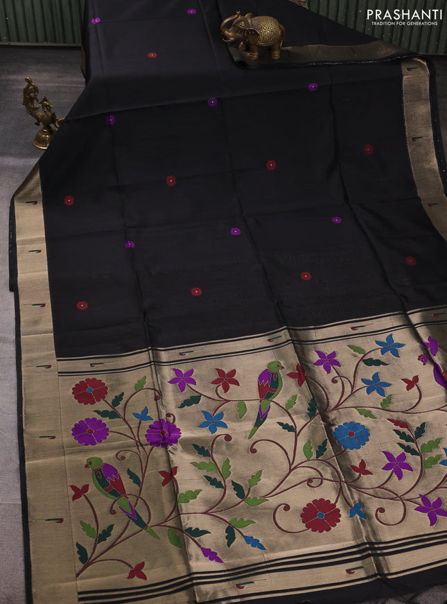 Semi paithani saree black with floral thread woven buttas and parrot design paithani pallu