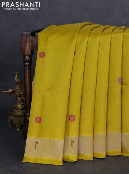 Semi paithani saree mustard green with floral thread woven buttas and parrot design paithani pallu