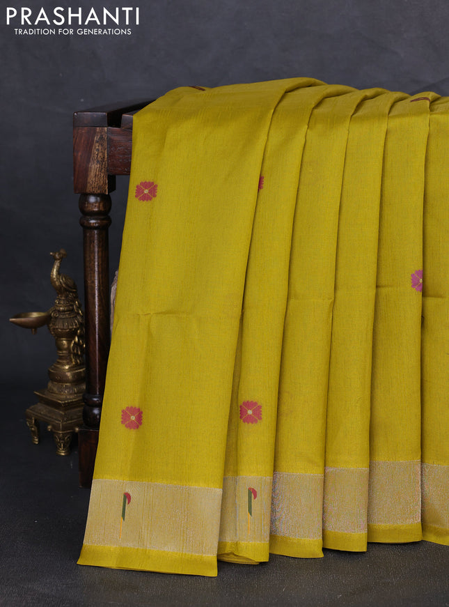 Semi paithani saree mustard green with floral thread woven buttas and parrot design paithani pallu