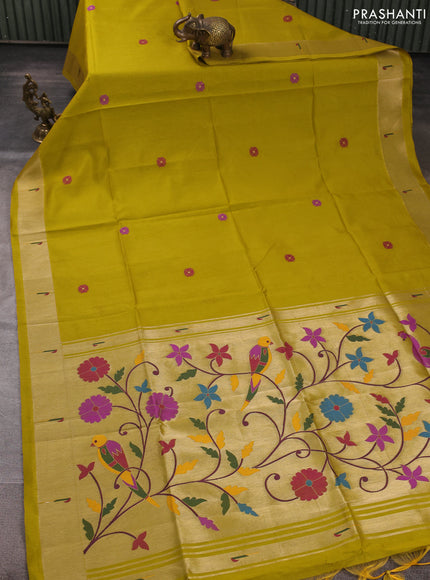 Semi paithani saree mustard green with floral thread woven buttas and parrot design paithani pallu