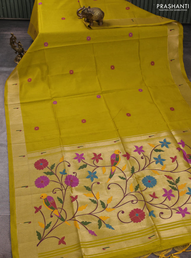 Semi paithani saree mustard green with floral thread woven buttas and parrot design paithani pallu
