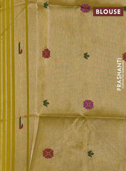 Semi paithani saree mustard green with floral thread woven buttas and parrot design paithani pallu