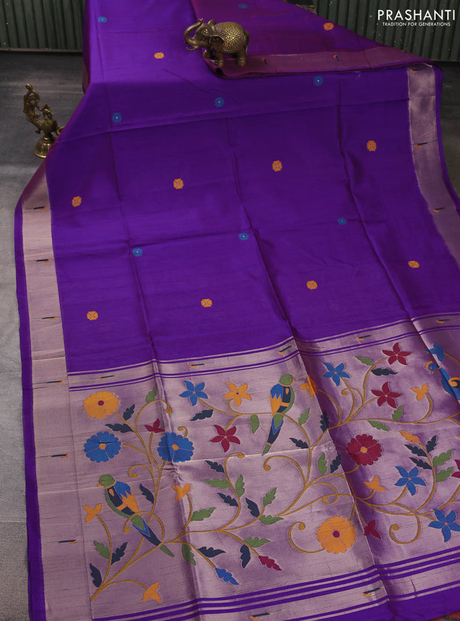 Semi paithani saree purple with floral thread woven buttas and parrot design paithani pallu