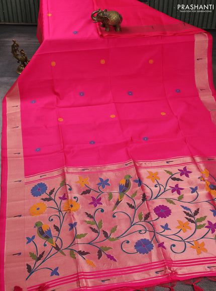 Semi paithani saree pink with floral thread woven buttas and parrot design paithani pallu
