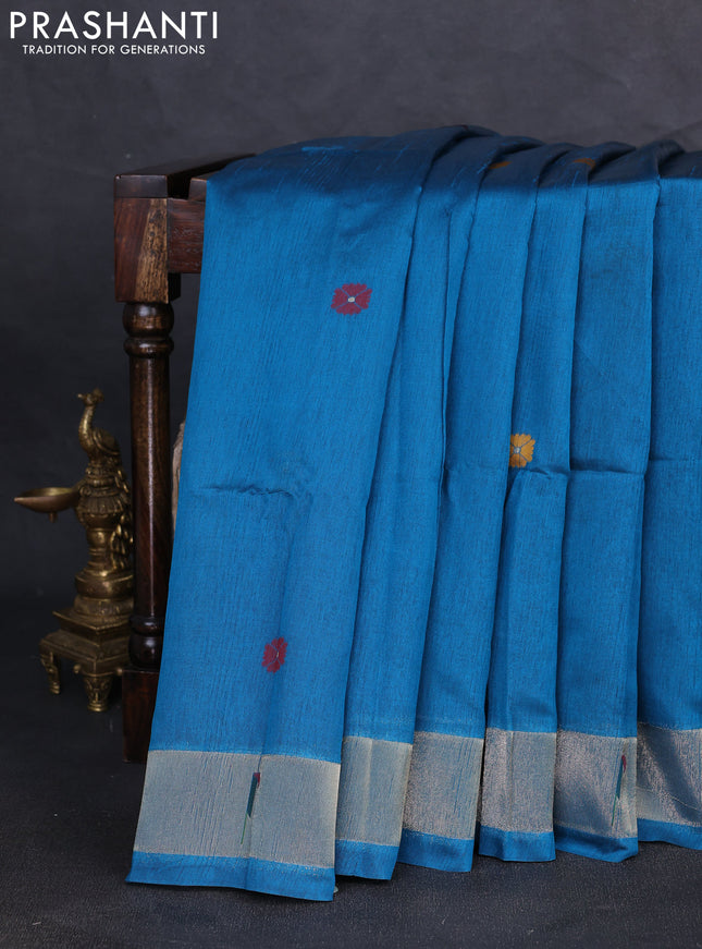 Semi paithani saree peacock blue with floral thread woven buttas and parrot design paithani pallu