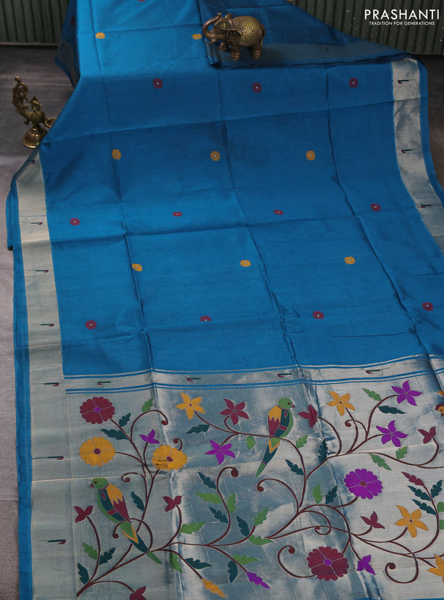 Semi paithani saree peacock blue with floral thread woven buttas and parrot design paithani pallu