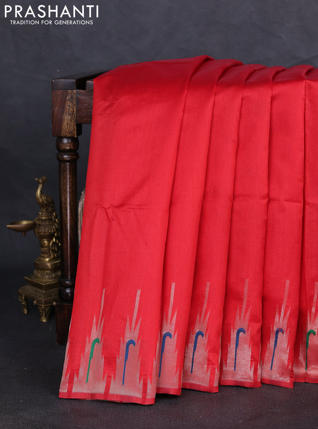 Semi paithani saree red with plain body and peacock design paithani pallu
