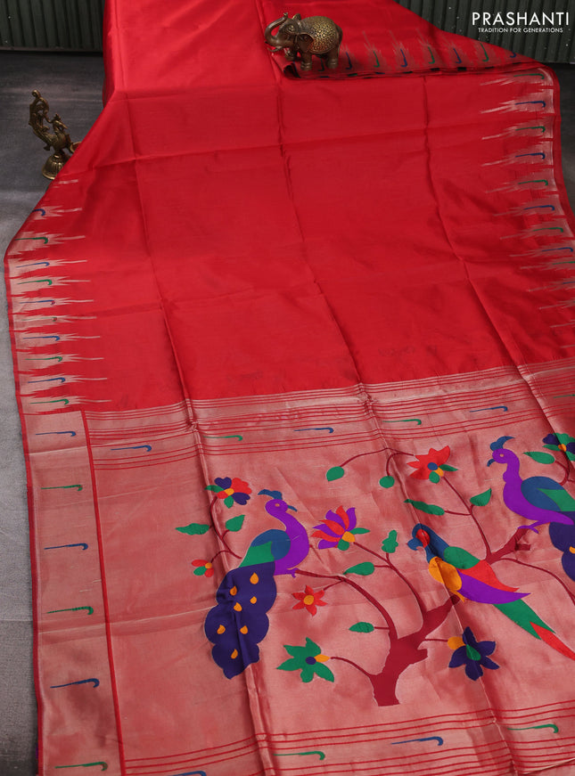Semi paithani saree red with plain body and peacock design paithani pallu