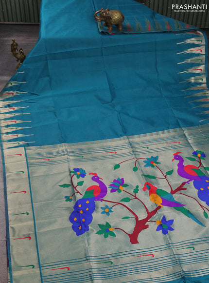 Semi paithani saree peacock green with plain body and peacock design paithani pallu