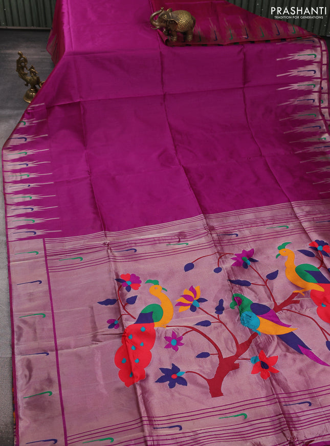 Semi paithani saree magenta pink with plain body and peacock design paithani pallu