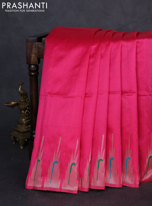 Semi paithani saree pink with plain body and peacock design paithani pallu