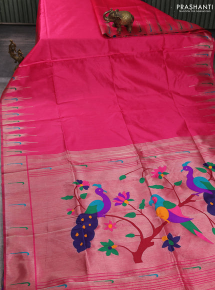 Semi paithani saree pink with plain body and peacock design paithani pallu