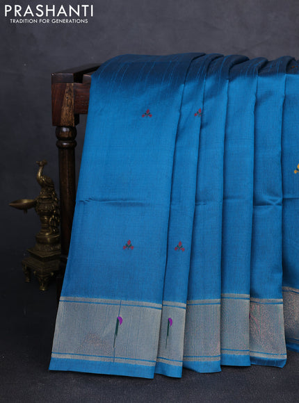 Semi paithani saree peacock blue with thread woven buttas and peacock design paithani pallu