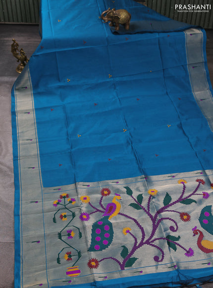Semi paithani saree peacock blue with thread woven buttas and peacock design paithani pallu