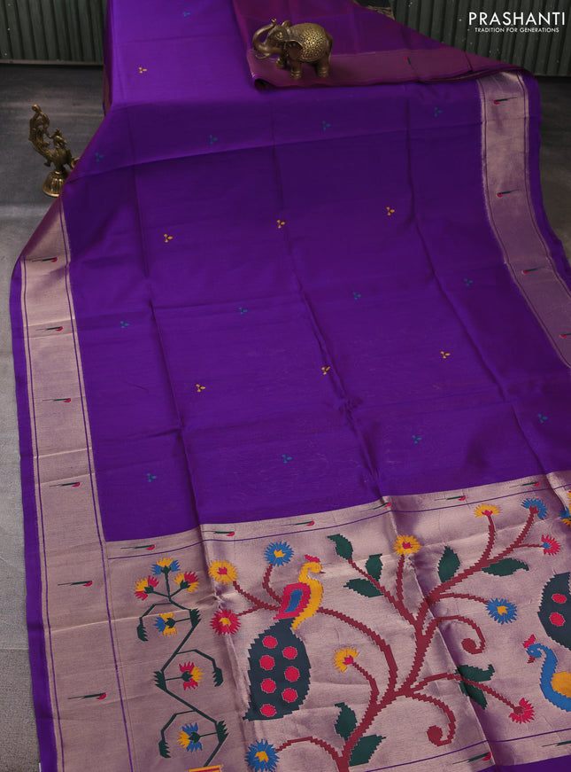 Semi paithani saree purple with thread woven buttas and peacock design paithani pallu