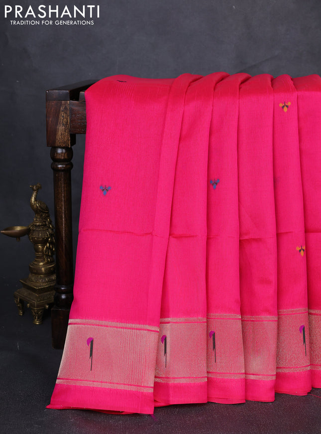 Semi paithani saree pink with thread woven buttas and peacock design paithani pallu