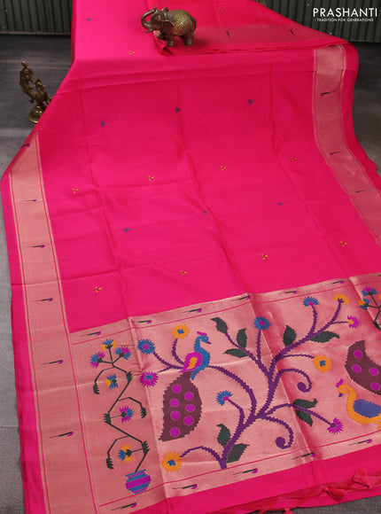 Semi paithani saree pink with thread woven buttas and peacock design paithani pallu