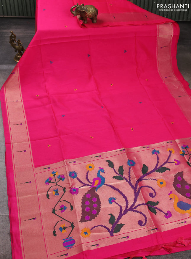 Semi paithani saree pink with thread woven buttas and peacock design paithani pallu