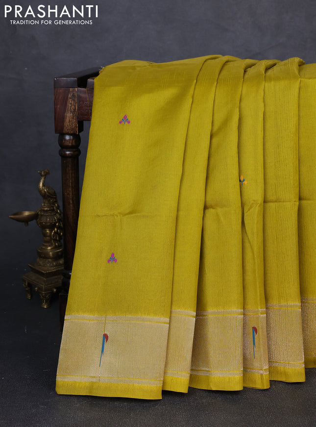Semi paithani saree mustard green with thread woven buttas and peacock design paithani pallu