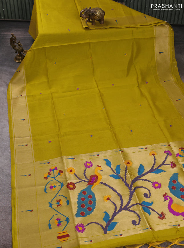 Semi paithani saree mustard green with thread woven buttas and peacock design paithani pallu