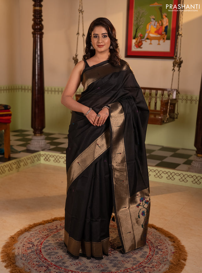 Semi paithani saree black with thread woven buttas and peacock design paithani pallu