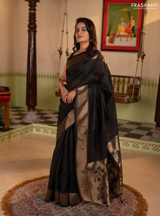 Semi paithani saree black with thread woven buttas and peacock design paithani pallu