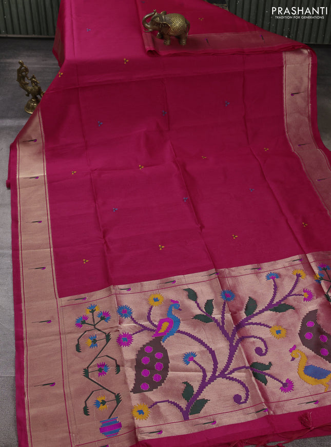 Semi paithani saree pink with thread woven buttas and peacock design paithani pallu