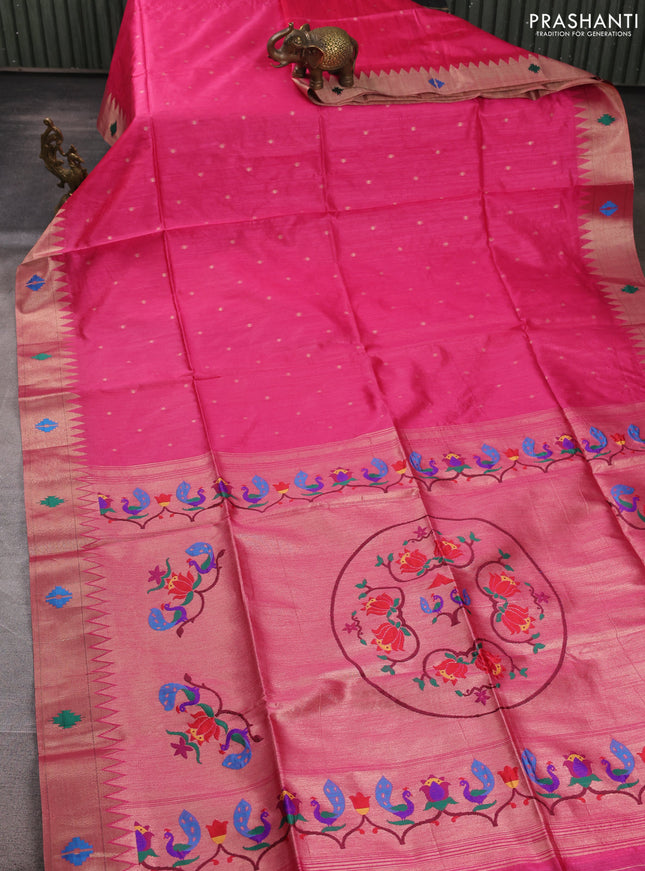 Semi paithani saree pink with zari woven buttas and peacock design paithani pallu