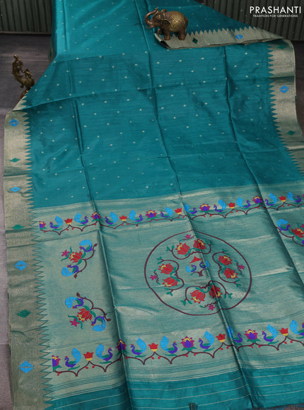 Semi paithani saree teal green with zari woven buttas and peacock design paithani pallu