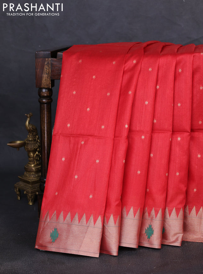 Semi paithani saree red with zari woven buttas and peacock design paithani pallu