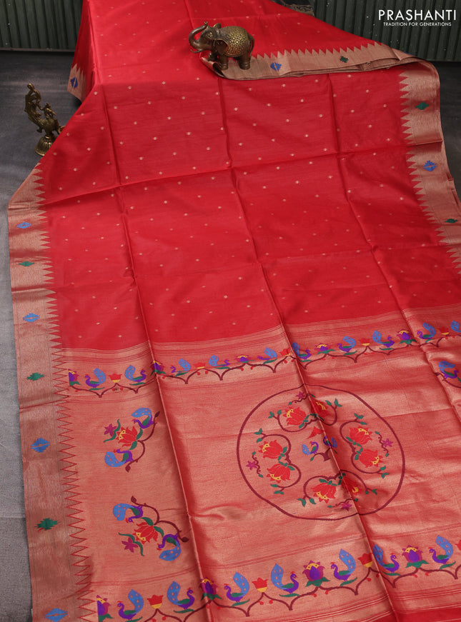Semi paithani saree red with zari woven buttas and peacock design paithani pallu