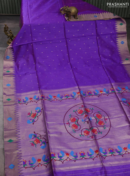 Semi paithani saree violet with zari woven buttas and peacock design paithani pallu