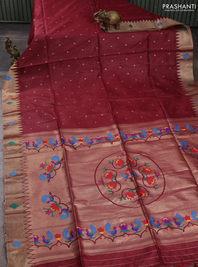 Semi paithani saree maroon with zari woven buttas and peacock design paithani pallu