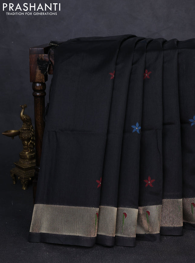 Semi paithani saree black with floral thread woven buttas and paithani pallu