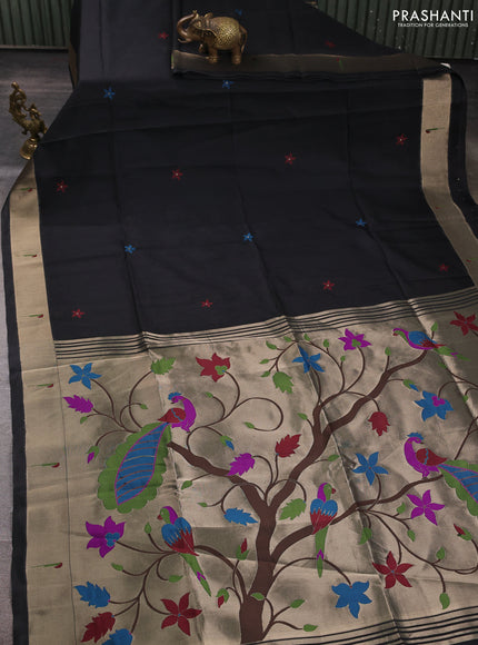 Semi paithani saree black with floral thread woven buttas and paithani pallu