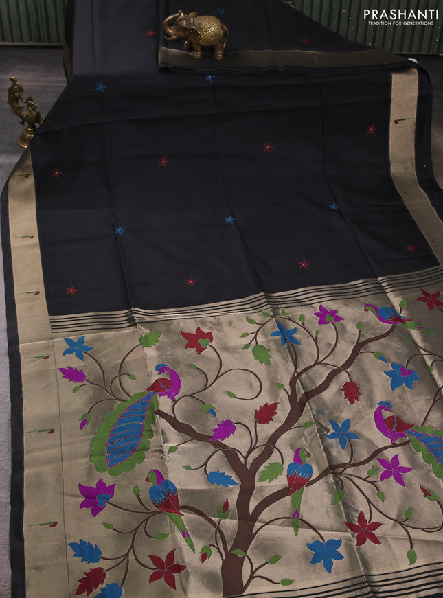 Semi paithani saree black with floral thread woven buttas and paithani pallu