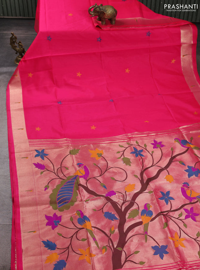 Semi paithani saree pink with floral thread woven buttas and paithani pallu